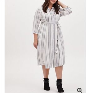 GREY & IVORY STRIPE CHALLIS SELF TIE MIDI DRESS